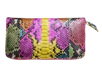 Genuine Python Snake Skin Women Long Wallet Multicolor | Exotic Handmade Purse with Card Slots, Bills & Coin Compartments