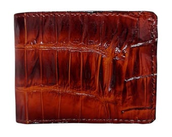 Cartera de hombre de piel de cocodrilo marrón: Cartera plegable hecha a mano