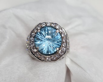 Certified!! Natural 6.17 CT Blue Topaz Swiss Blue Silver Handmade Ring Mens