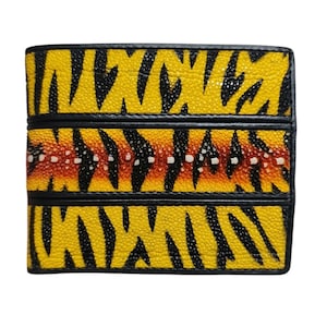 Herren Brieftasche Bestes Geschenk für Mann Echte Echte Rochenhaut mit Tigermalerei Motiv Gelb Schwarz Streifen