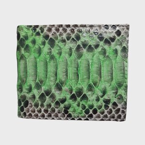 May include: A rectangular wallet with a snakeskin pattern. The wallet features a vibrant green and gray color scheme, with a textured surface. The design showcases a repeating pattern of diamond-shaped scales, creating a unique accessory.