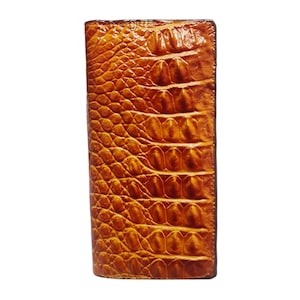 Orange Brown Alligator Genuine Horn Leather Skin Long Wallet, Handmade Leather Unisex Wallet Personalized Leather Wallet