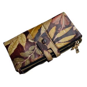Echtleder Geldbörse Kastanienbraun Ecoprint Damen Lange Geldbörse Handmade
