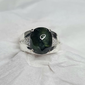 Natural 6.65 CT Tanzanian Sapphire Alpaca Mixed Metal Mens Ring