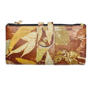 Echtleder Geldbörse Braun Blätter Ecoprint Damen Lange Geldbörse Handmade