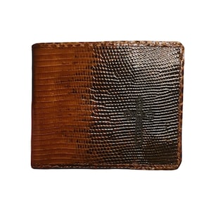 Cartera de hombre con diseño de lagarto monitor auténtico, combinada con piel de serpiente y marca cruzada, de dos pliegues, color marrón