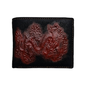 Echtes Schwarz Leder Red Dragon Bifold Brieftasche Herren Geldbörse Handgemacht