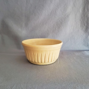 May include: A pale yellow ceramic bowl with a ribbed design. The bowl is empty and sitting on a gray surface.