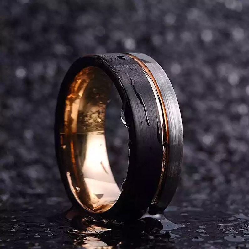 Mens Wedding Band Mens Wedding Ring Mens Tungsten Black and Rose Gold Colored Ring Men Gold Line Ring
