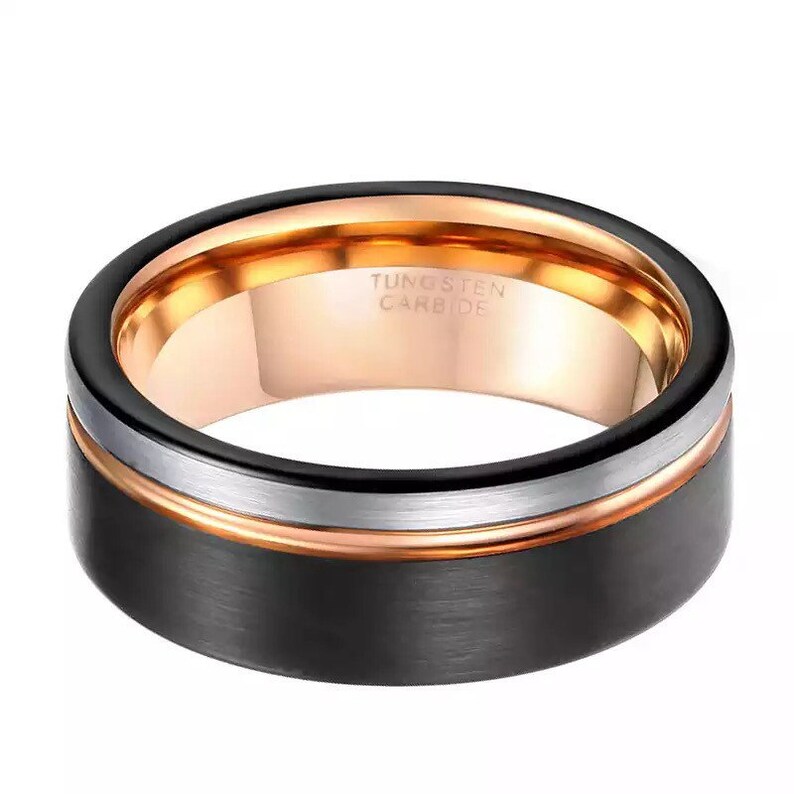 Mens Wedding Band Mens Wedding Ring Mens Tungsten Black and Rose Gold Colored Ring Men Gold Line Ring