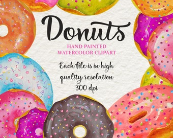 Watercolor Donut Clipart, Doughnut, hand painted, digital download, watercolors, Bakery food clipart, donuts pattern, frame, watercolour