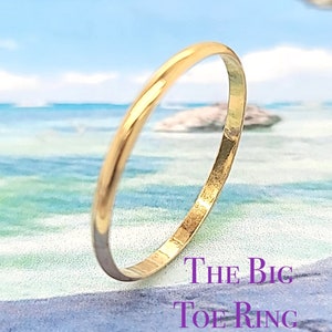 May include: A thin gold toe ring. The ring is simple and delicate, with a smooth, polished finish. The ring is photographed against a backdrop of a beach scene.
