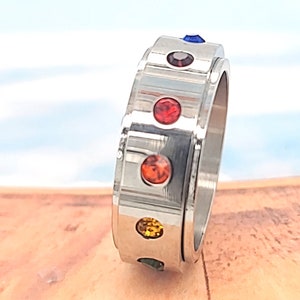 Spinner Ring, Anxiety ring, Stainless Steel Spinner, Rainbow CZ Spinner ring, fidget ring,  worry ring, ring for women, ring for men