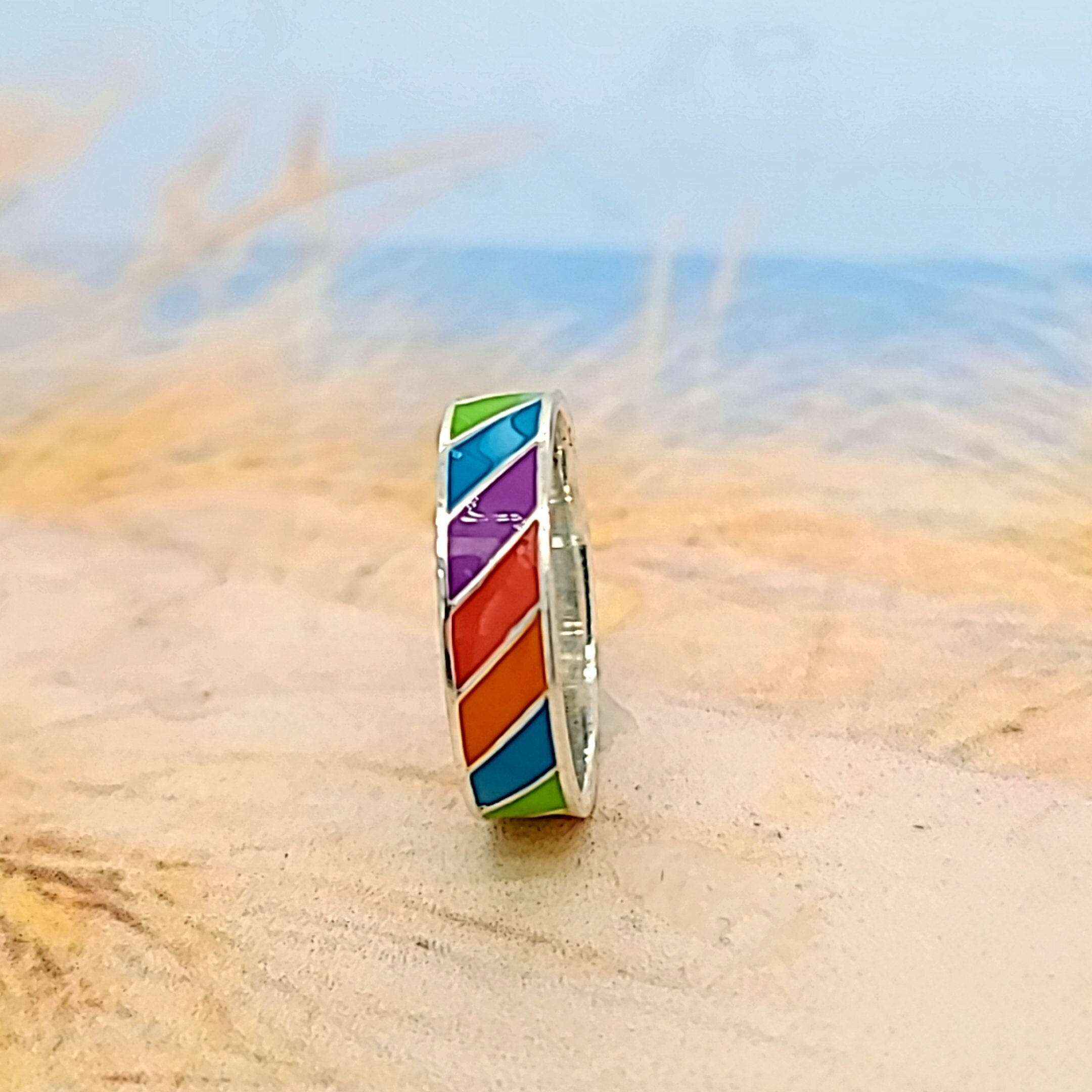Sterling Silver Rainbow Ring: Colorful Pride Band, Midi/Pinky Ring