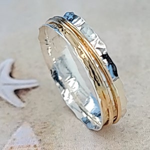 Thumb Rings, Mixed Metal Thumb Ring: Hammered Sterling Silver with Gold Fill Bands