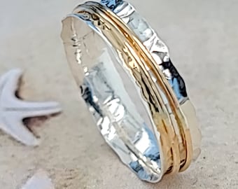 Thumb Rings, Mixed Metal Thumb Ring: Hammered Sterling Silver with Gold Fill Bands
