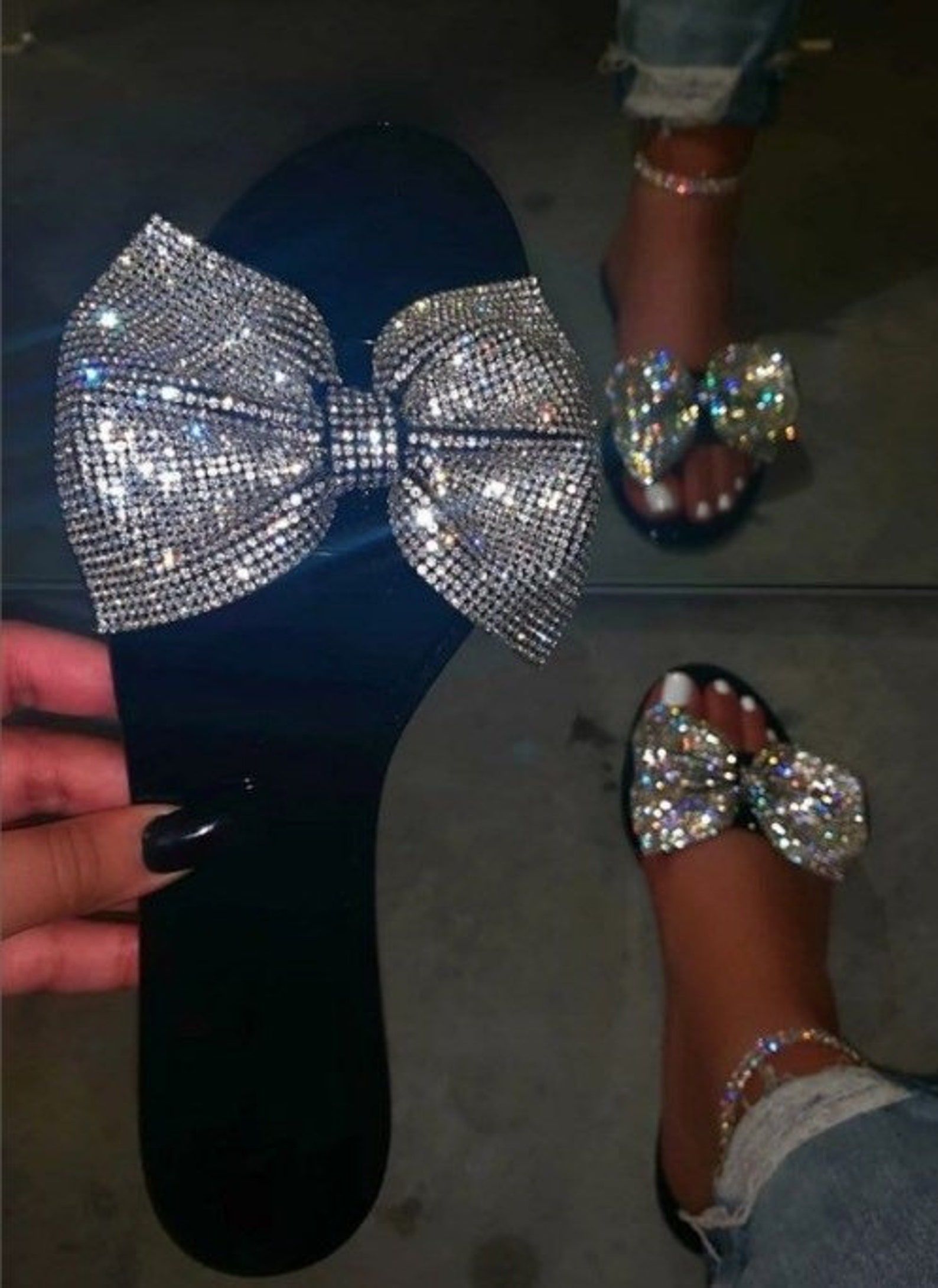 Black rhinestone bow tie sandals for women fashion designer | Etsy
