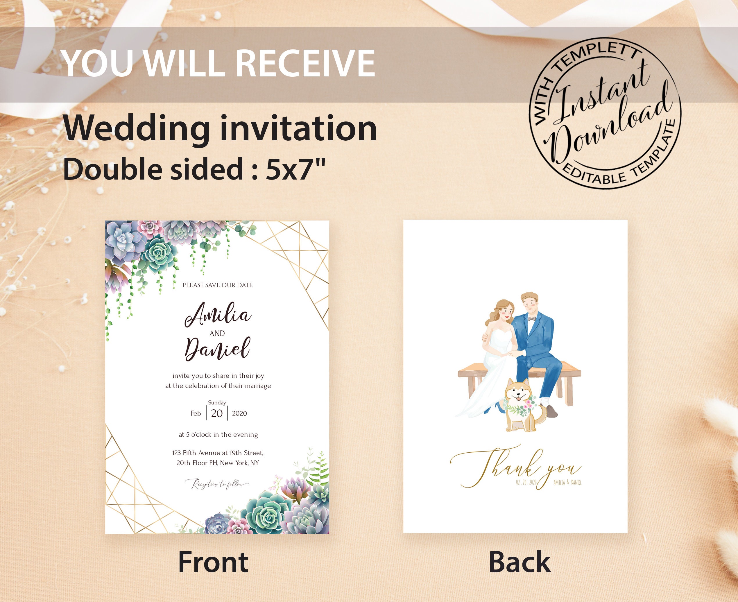 Double sided Wedding invitation templates. Instant download. | Etsy