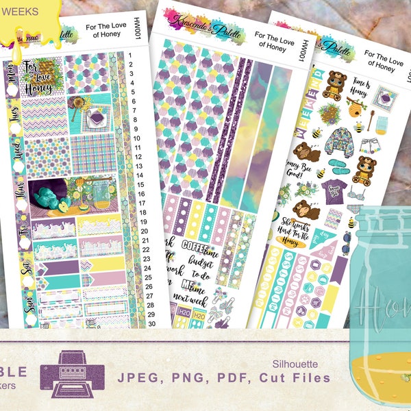 PRINTABLE Hobonichi Weeks Planner Stickers,  For the LOVE of HONEY Planner Stickers, Cut Files, Digital Stickers, Instant Download, Hobo