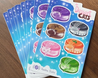 6” x 4” Cat macaron stickersheet |  Dessert cats | Ube, black sesame, chocolate, orange creme, sakura, matcha | Vinyl decal