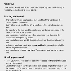 May include: A white background displays the text "How to Play" followed by instructions for a word game. The text covers the objective, how to place each word, and how to score. The instructions are in a clear, easy-to-read format.
