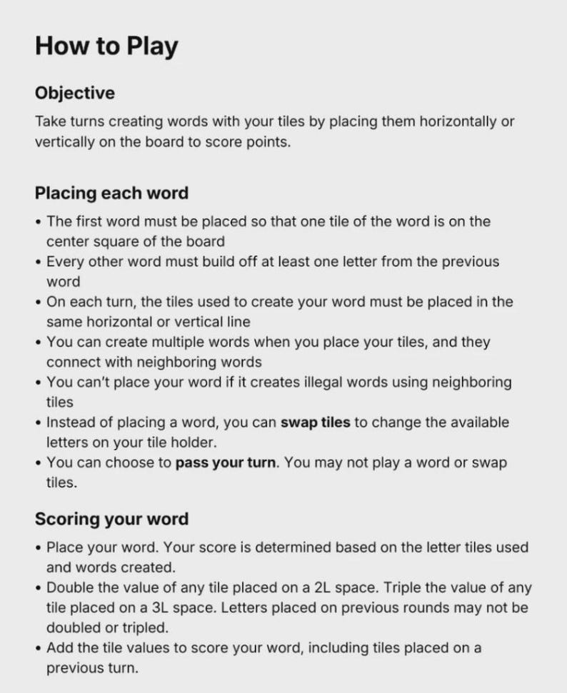 May include: A white background displays the text "How to Play" followed by instructions for a word game. The text covers the objective, how to place each word, and how to score. The instructions are in a clear, easy-to-read format.