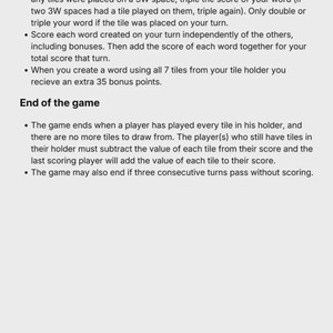 May include: Text on a white background detailing the rules of a board game. The text explains scoring, bonus points, and the end-game conditions. The rules are presented in a clear, concise format.