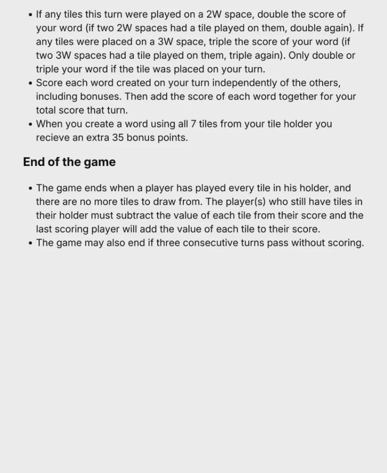 May include: Text on a white background detailing the rules of a board game. The text explains scoring, bonus points, and the end-game conditions. The rules are presented in a clear, concise format.