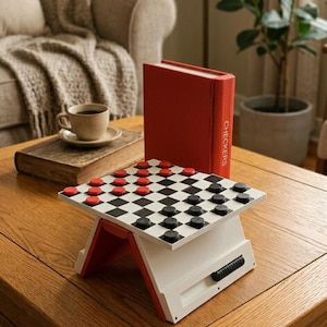 Puede incluir: Un juego de damas con un tablero de cuadros blancos y negros elevado sobre un soporte blanco y rojo. El set incluye piezas de juego circulares rojas y negras dispuestas en el tablero. Se incluye un estuche de almacenamiento vertical rojo con la palabra Checkers.
