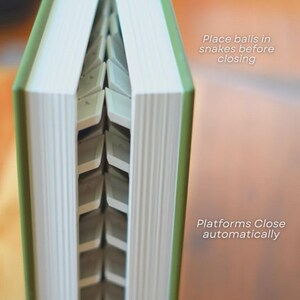 May include: A green book with white pages and a unique interior design. The text on the image reads: "Place balls in snakes before closing" and "Platforms Close automatically."