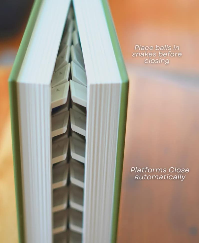 May include: A green book with white pages and a unique interior design. The text on the image reads: "Place balls in snakes before closing" and "Platforms Close automatically."