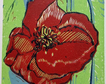 Poppies Linocut reduction original limited edition Print