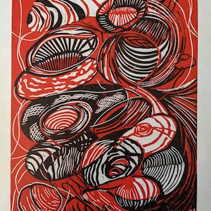 Linocut red and black, blue and black, organic, abstract, coastal