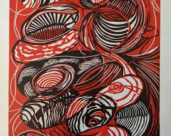 Linocut red and black, blue and black, organic, abstract, coastal