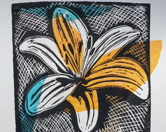 Lily in Blue Orange Linocut Print