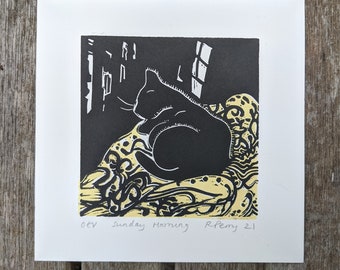 Black Cat Linocut Print Original Mini Print