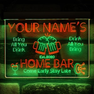 Home Bar Neon Sign Custom Established Year Dual Color LED Neon, Personalized, Your Name