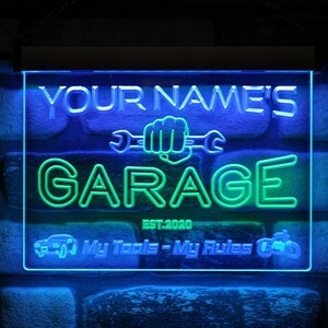 Your Name Garage Dual Color LED Neon Workshop Established Year, Personalized
