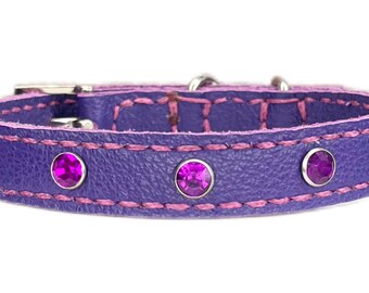 Small Purple Leather Dog Collar: Violet Diamantes, Hand Stitched