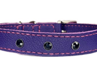 Medium Purple Leather Dog Collar, Black Diamante, Silver Buckle, Neck Size 12-15 Inches, 20mm Wide, Soft Leather, Handmade, Hand Stitched