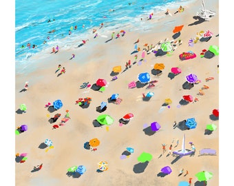 Aerial beach art print “ SUMMER BABY”, large colorful coastal print