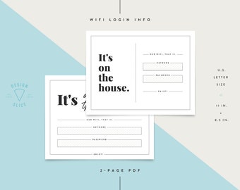 Wifi Sign / Login Info / Network & Password / Printable / Instant Download / PDF / U.S. Letter Size / 11" x 8.5"
