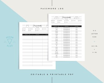 Username & Password / Login Info / Printable / Editable PDF / Instant Download / U.S. Letter Size / 8.5" x 11"