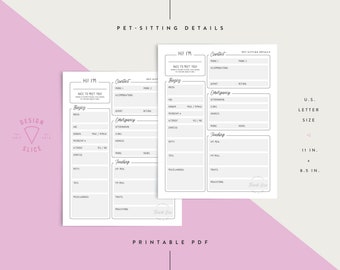 Pet-Sitter / Dog-Sitter / Cat-Sitter / Info Sheet / Printable / Instant Download / U.S. Letter Size / 8.5" x 11"