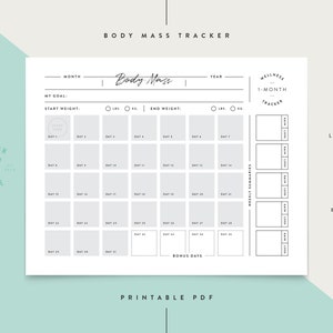 Puede incluir: Seguimiento de masa corporal imprimible con un calendario mensual, resúmenes semanales y espacio para registrar el peso inicial y el peso final. El seguimiento está diseñado para un período de un mes e incluye opciones para libras o kilogramos.