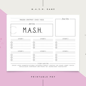 MASH / Game / Printable / Instant Download / U.S. Letter Size / 8.5&quot; x 11&quot;