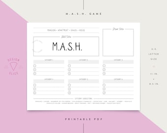 MASH / Game / Printable / Instant Download / U.S. Letter Size / 8.5" x 11"