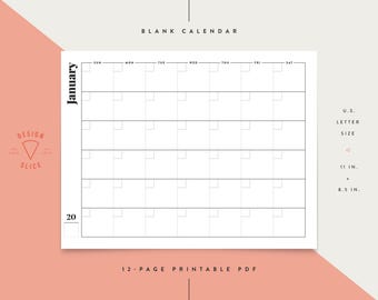 Blank Calendar / 12 Months / Printable / Instant Download / PDF / U.S. Letter Size / 11" x 8.5"