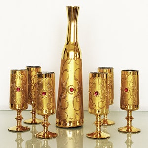 Conjunto de taças douradas vintage 6 taças douradas com garrafa de champanhe dourada