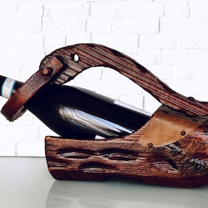 Vintage Wooden Bottle Holder, Wooden Bottle Holder Clog Shaped Hand Engraved Bottle Holder